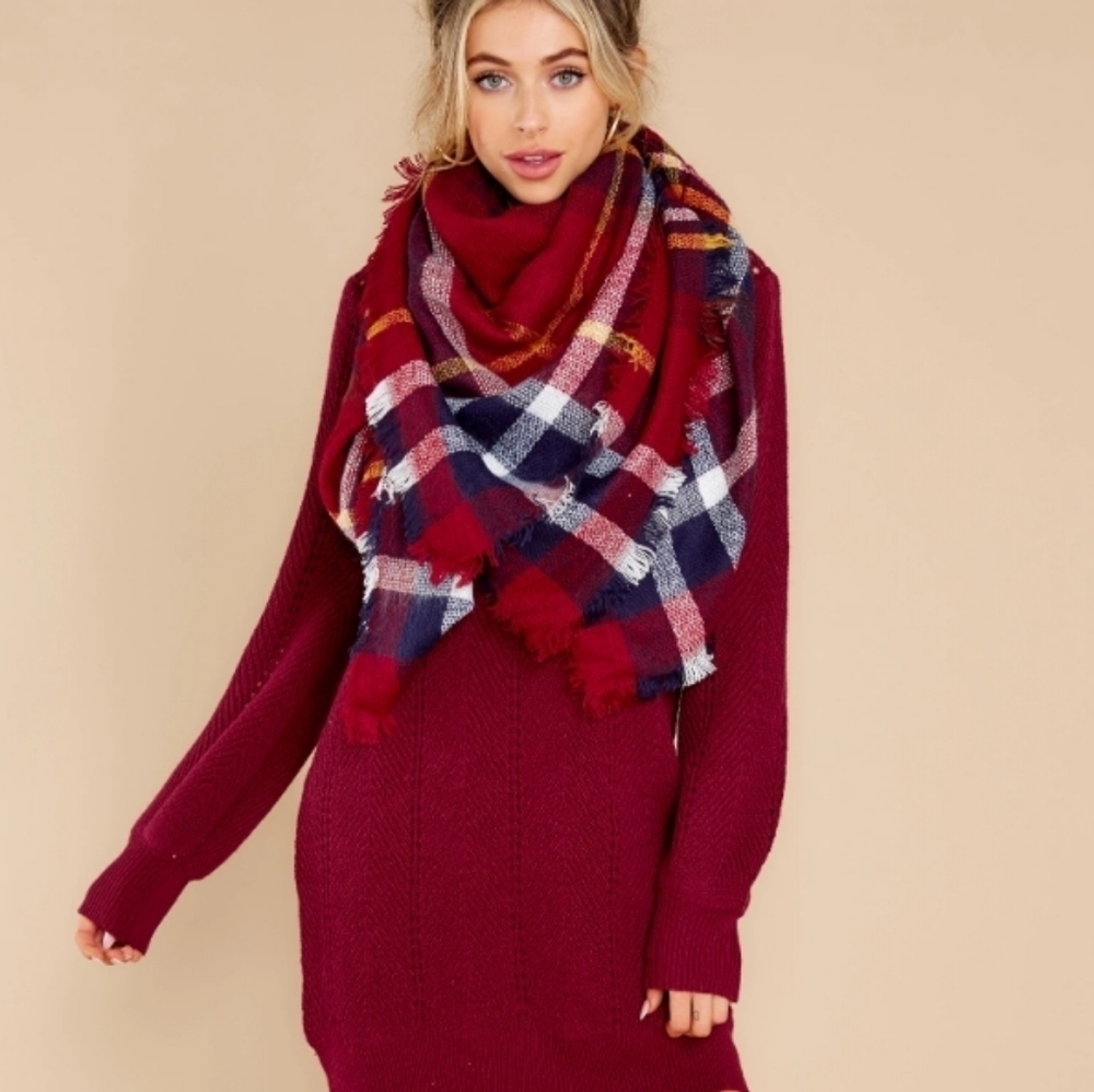NEW Red Navy Plaid Soft Oversized Blanket Scarf